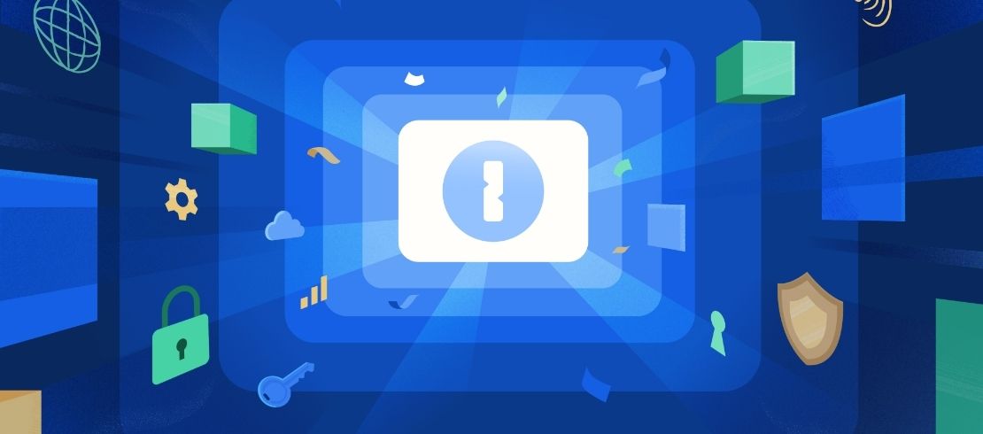 Illustrated 1Password logo surrounded by security and technology symbols