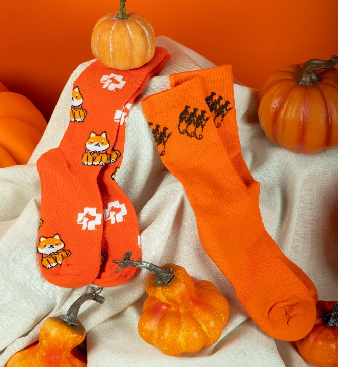 Orange custom socks with repeating animal icons styled with pumpkins