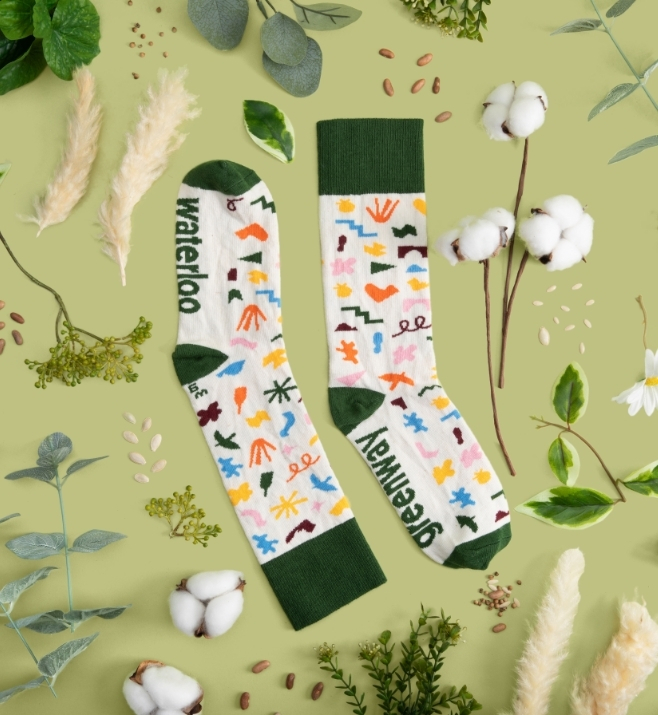 Botanical-inspired custom socks arranged with leaves and cotton plants