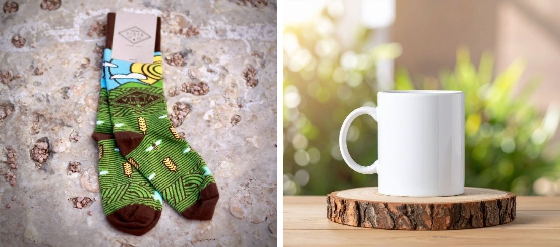 Custom patterned socks beside a white ceramic mug