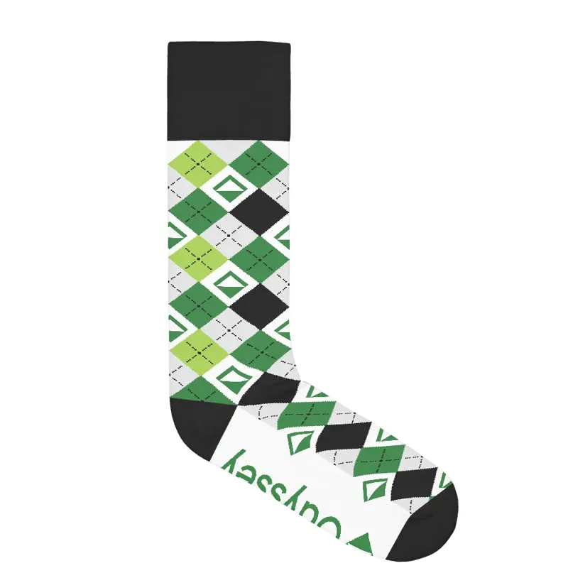 Custom Argyle Socks in branded packaging with custom header card