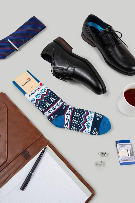 Custom logo crew socks shown flat with full-color knit pattern