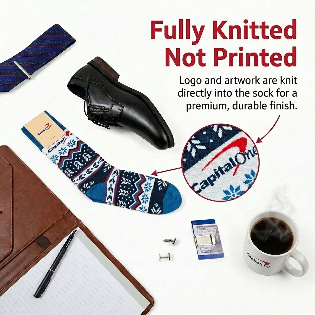 Custom Crew Socks - Flagship feature callout showing fully knitted not printed construction