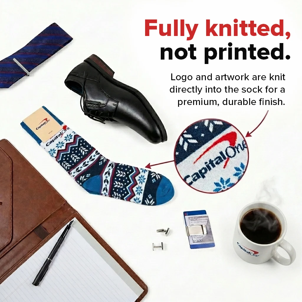 Custom Crew Socks - Flagship feature callout showing fully knitted not printed construction