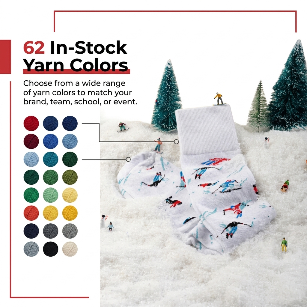 Custom Crew Socks - Flagship feature callout showing 62 in-stock yarn colors
