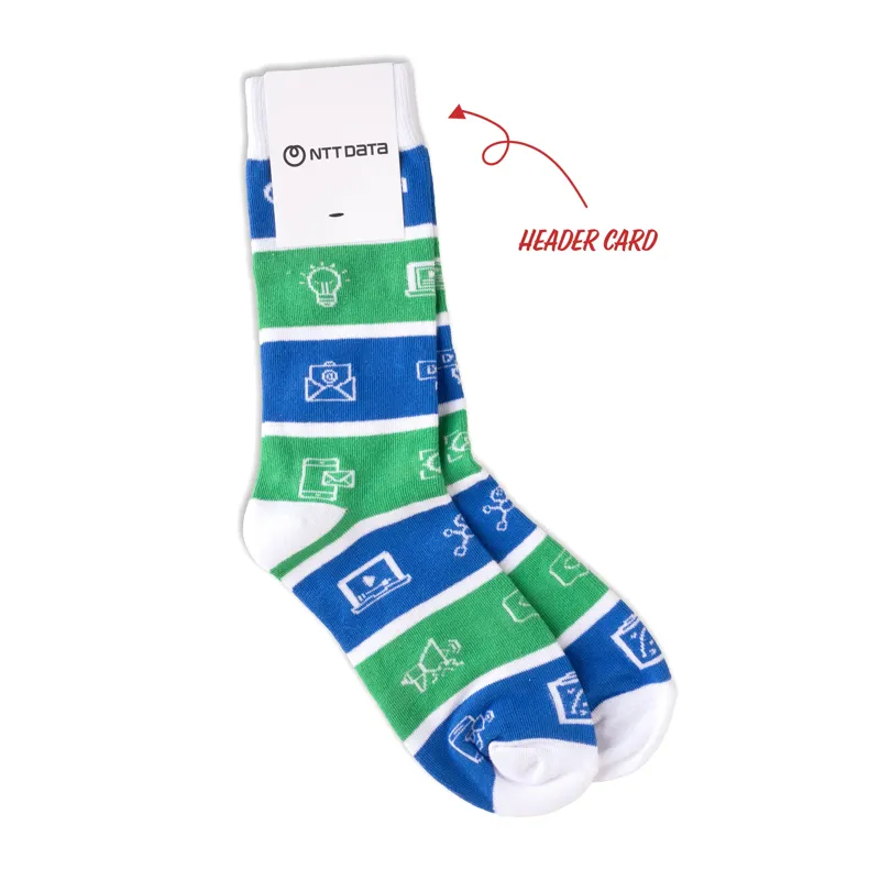 Custom event socks with a company logo on a header card