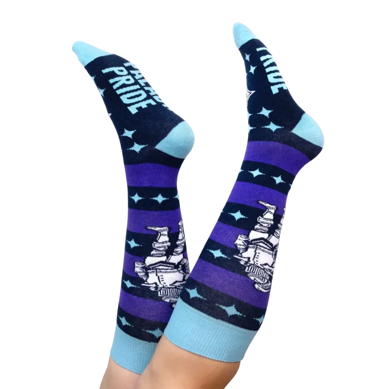 Custom knee high socks being worn