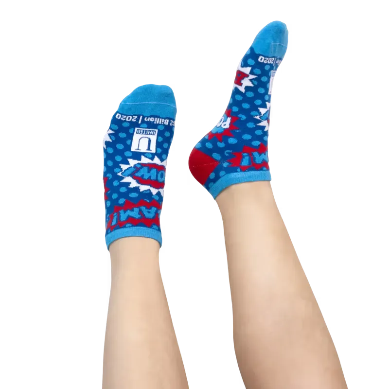 Blue custom ankle socks being worn