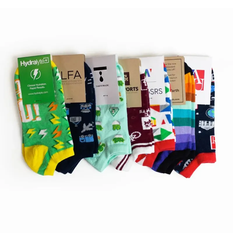 Custom Ankle Socks group display showing multiple pairs of custom branded socks