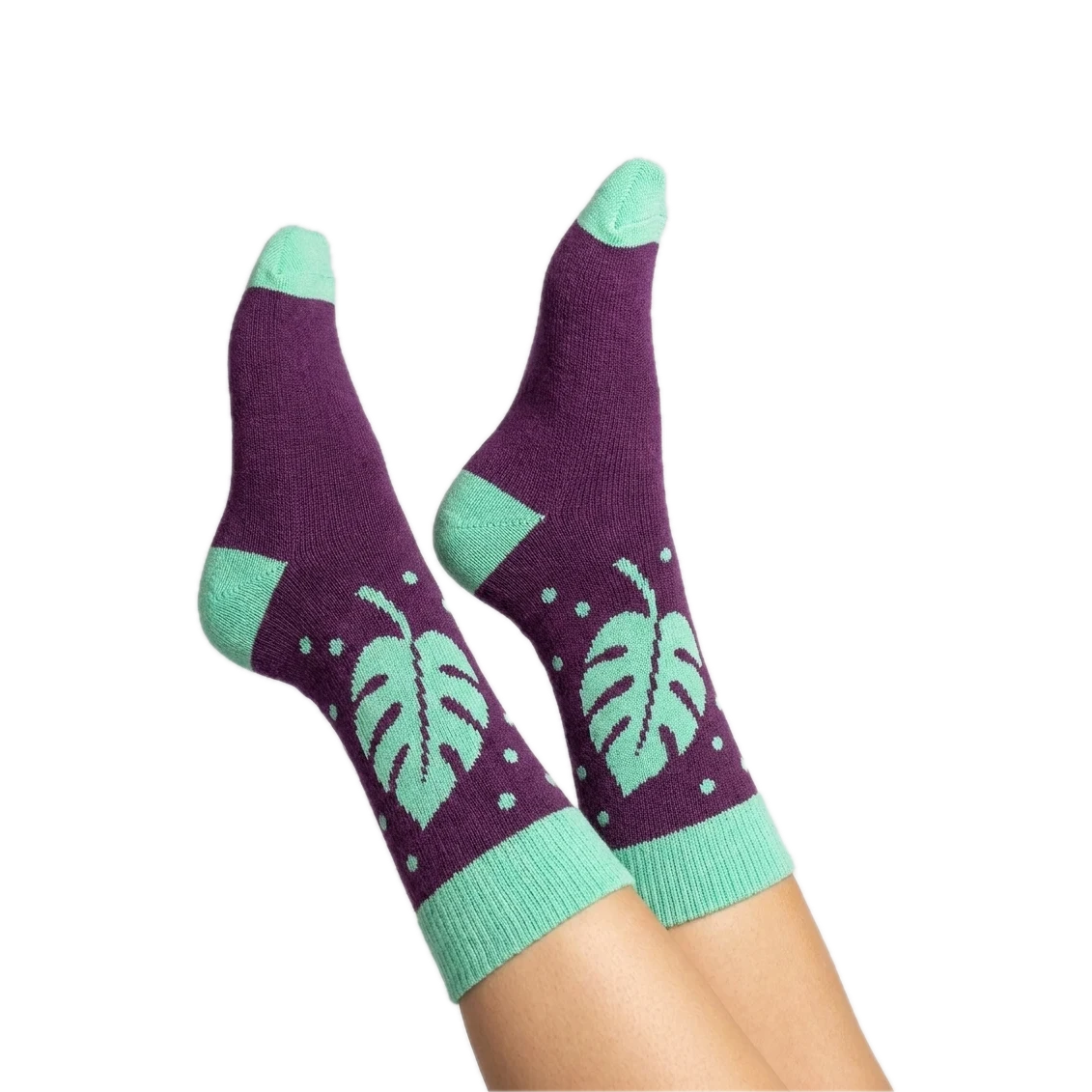 Custom Branded Socks with a custom knitted design, worn with feet in the air