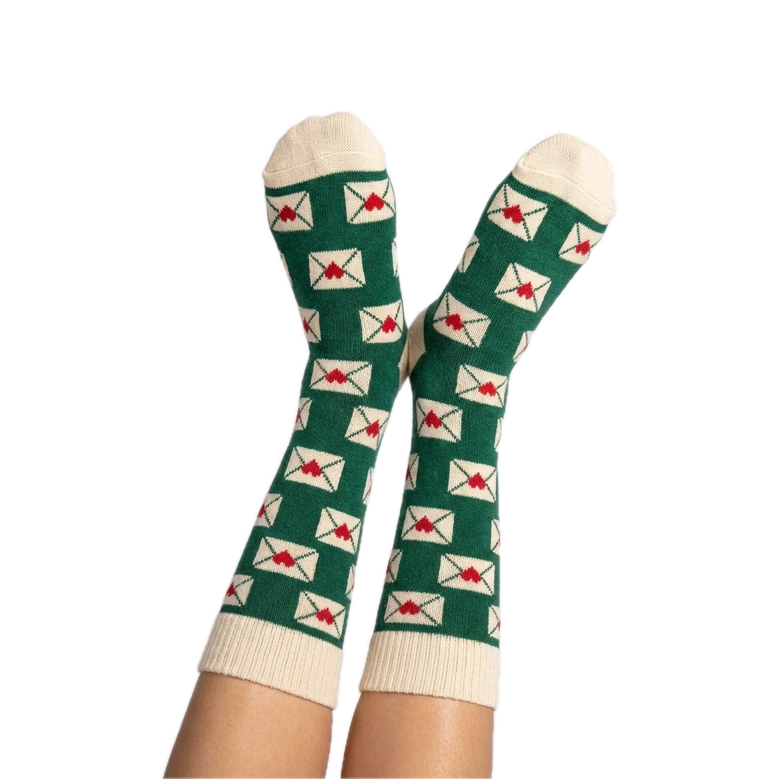 Custom Client Gift Socks with a custom knitted design, worn with feet in the air