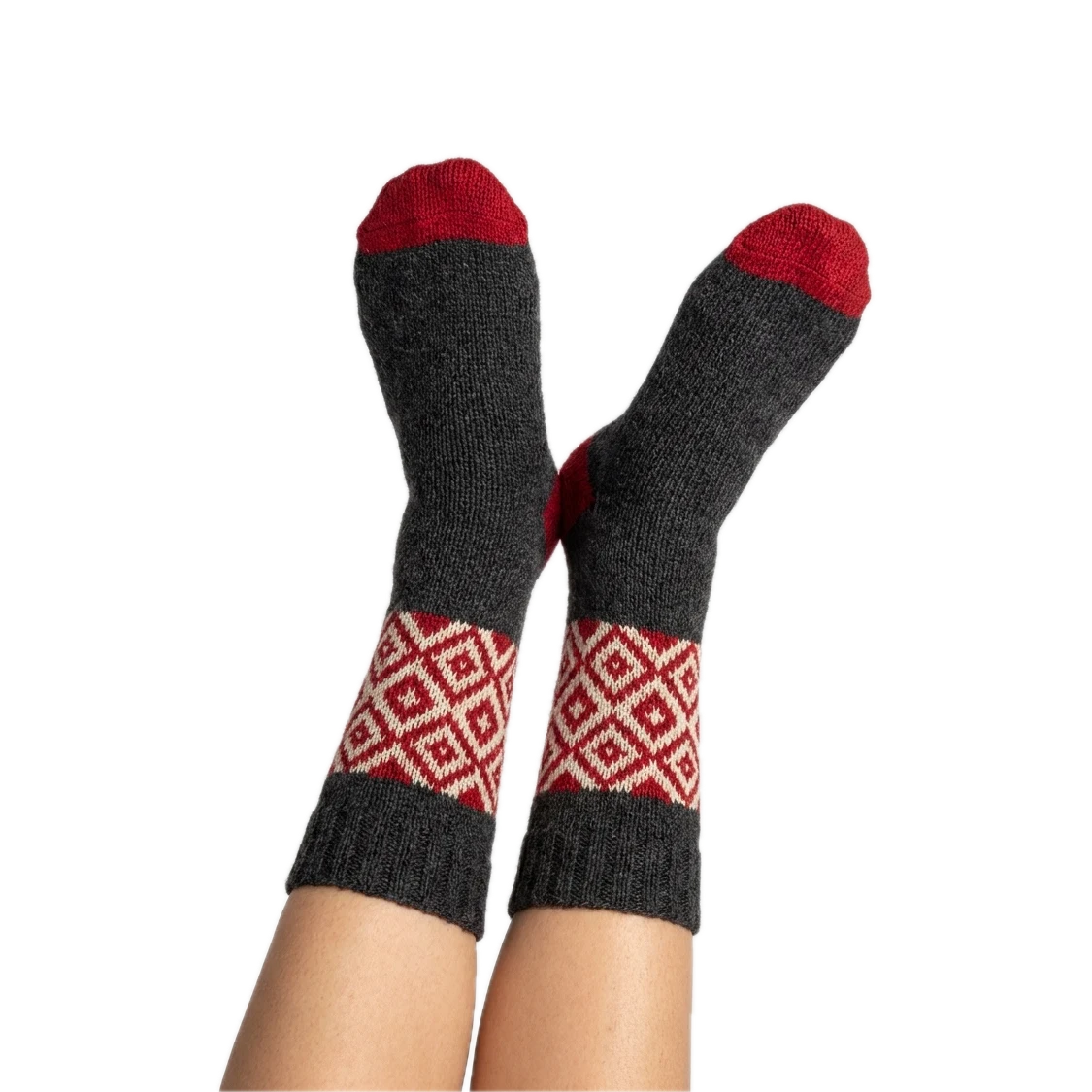 Custom Knit Socks with a custom knitted design, worn with feet in the air