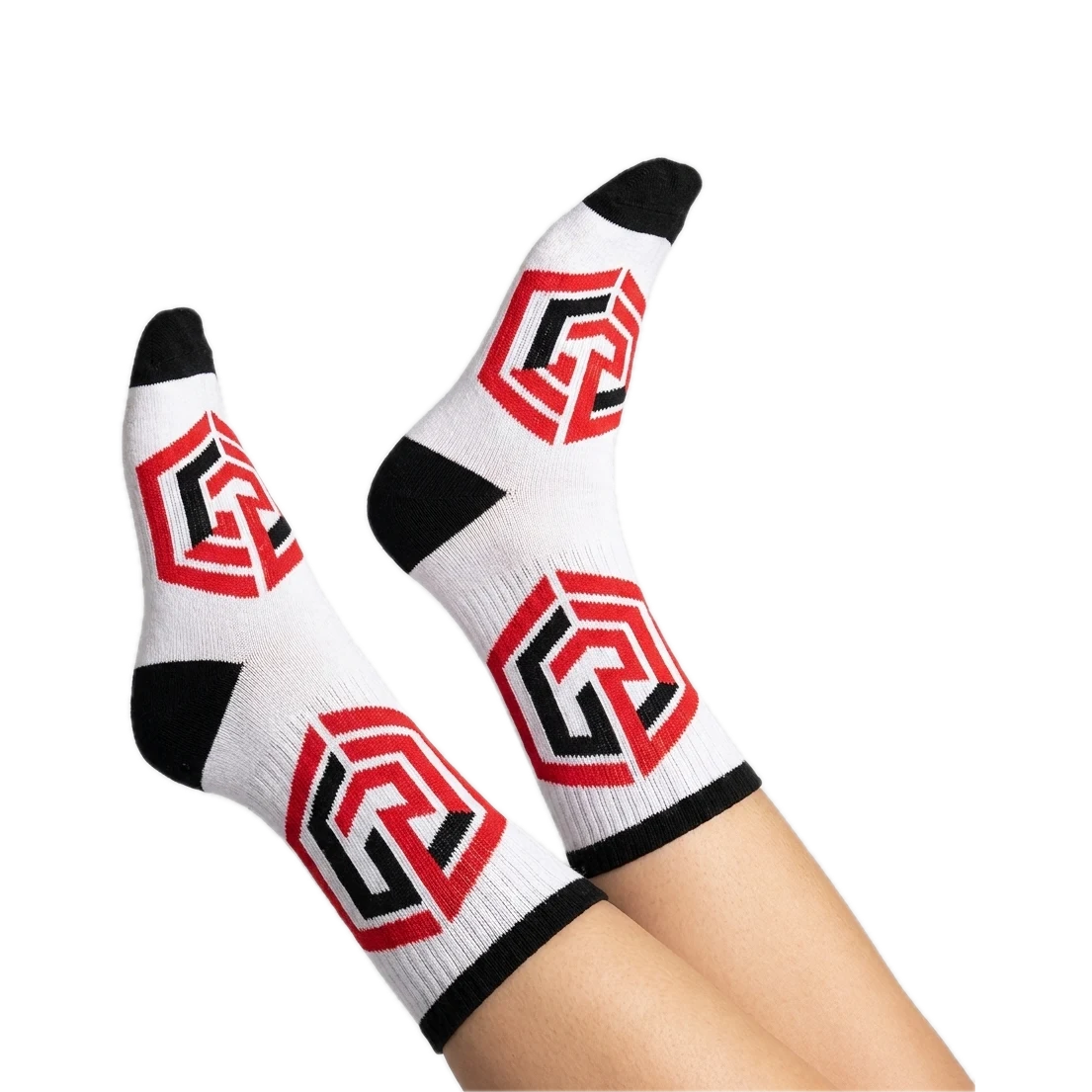 Custom Logo Socks with a custom knitted design, worn with feet in the air
