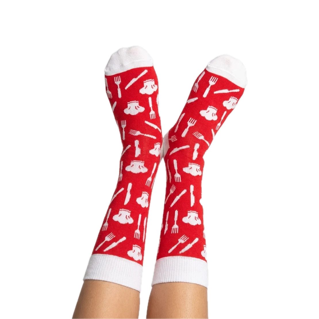 Custom Restaurant Socks with a custom knitted design, worn with feet in the air
