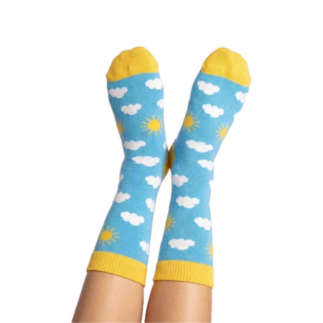 Custom Retail Socks with a custom knitted design, worn with feet in the air