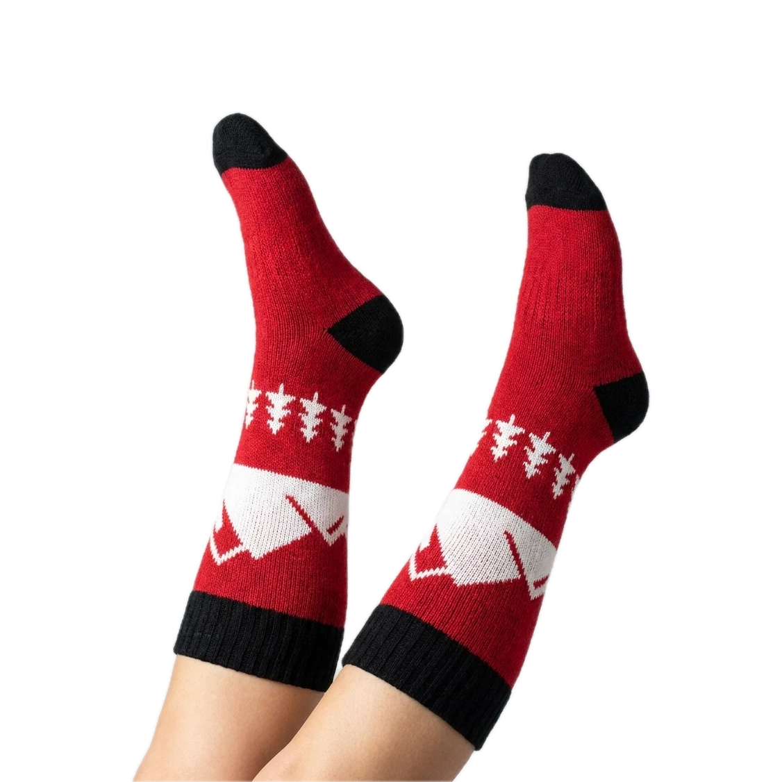 Custom Ski Team Socks with a custom knitted design, worn with feet in the air