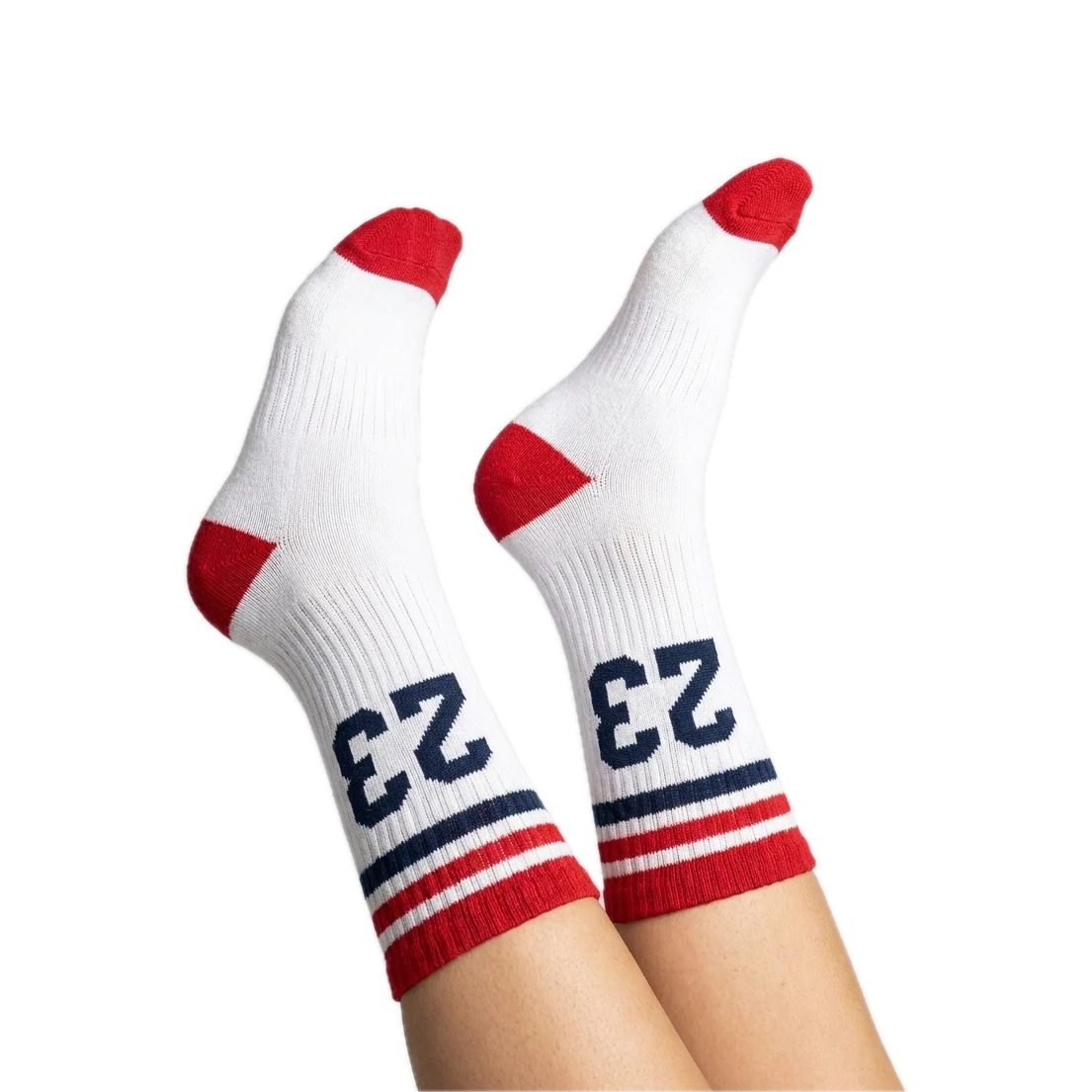 Custom team socks with a knitted number and varsity stripes worn with feet in the air