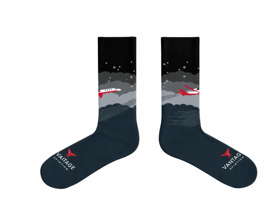 Black Vantage Aviation custom socks with an airplane design