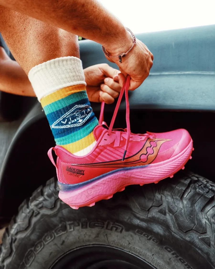 Vista Brewing custom socks worn with pink trail shoes