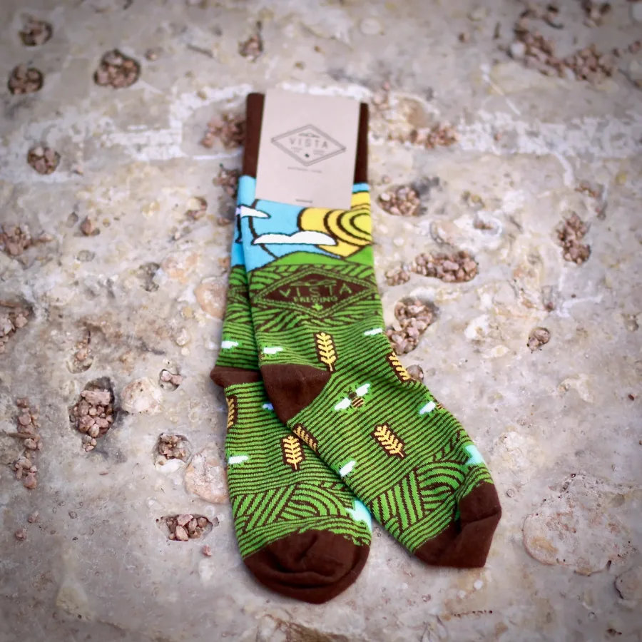 Green Vista Brewing custom socks displayed on limestone